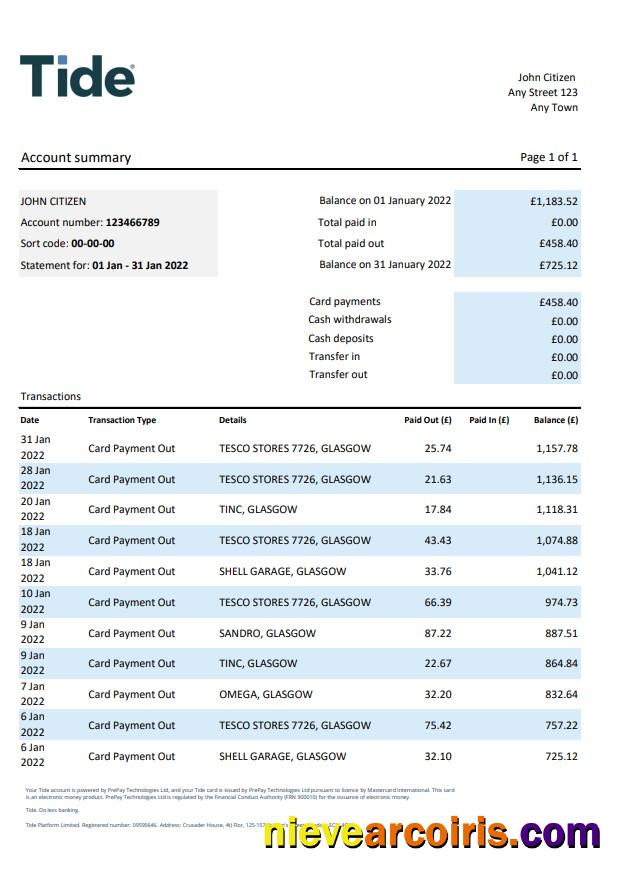 United Kingdom Tide bank statement, Excel and PDF